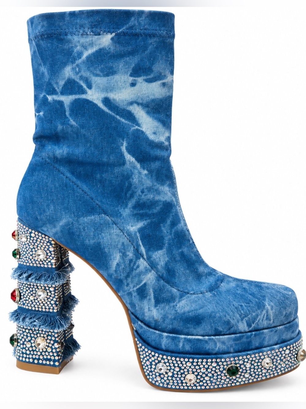Azalea Wang Denim Rhinestone Platform Boots Size 9.5 Blue Embellished Fringe